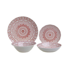 Set elegant pentru cina, din portelan, pentru 6 persoane. 19 de piese, model alb-fildes si rosu.