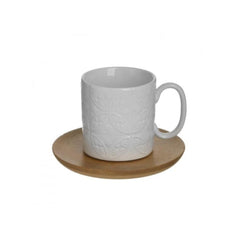 Set pentru cafea, 6 cesti din portelan cu suport din bambus, 90 cc, 9Χ6Χ7 cm.