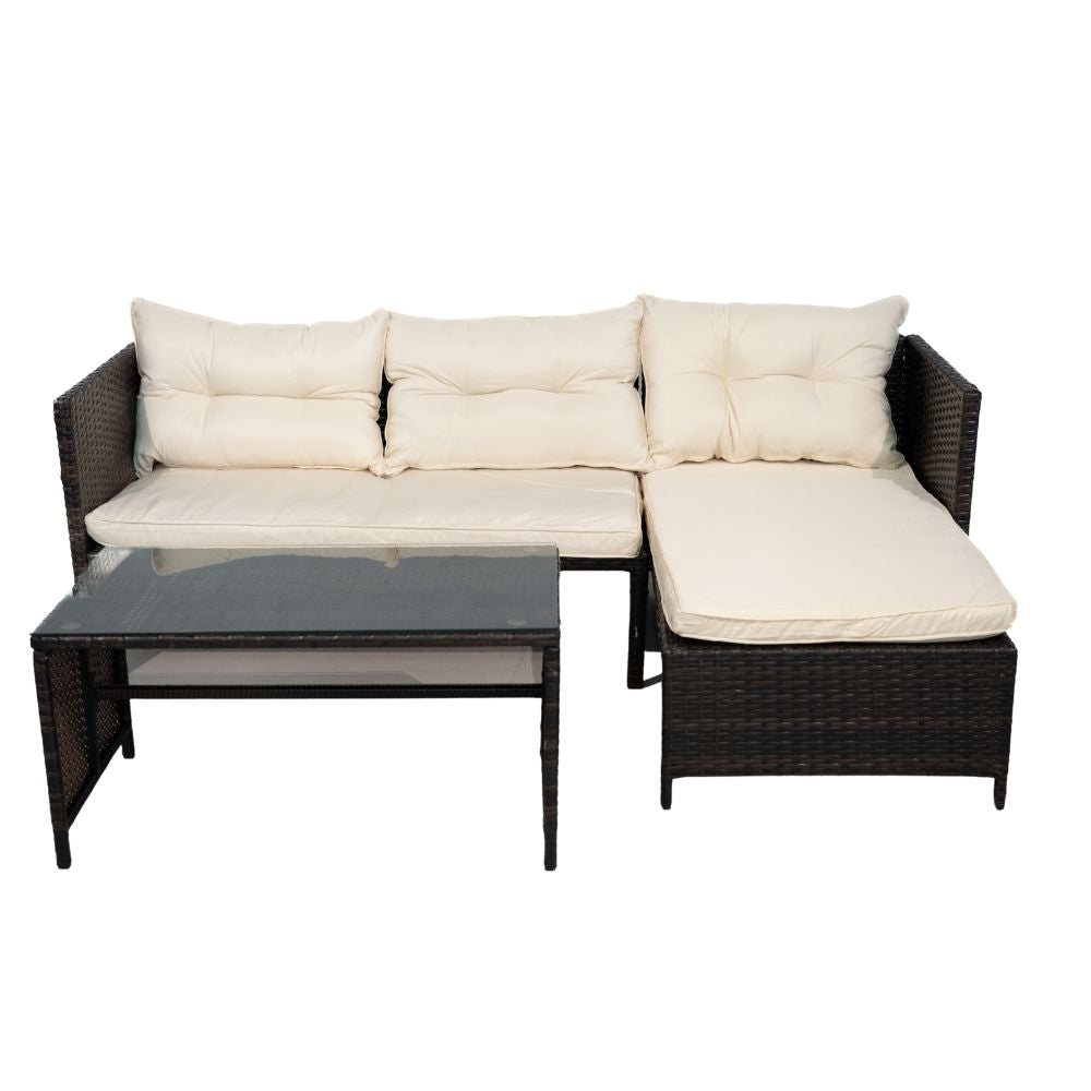 Set pentru terasa modular din 3 piese poliratan maro si perne bej, 1, hectarul.ro