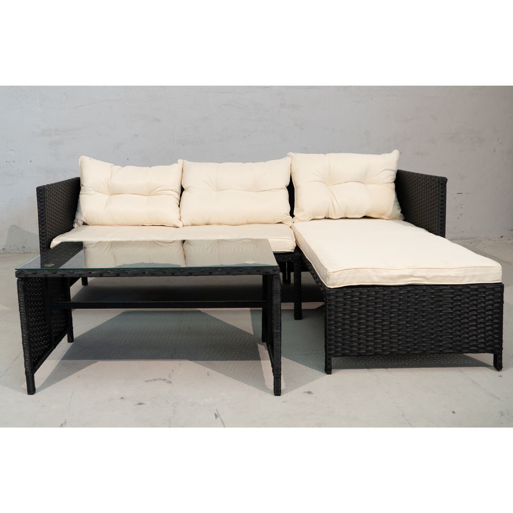 Set pentru terasa modular din 3 piese poliratan negru si perne bej