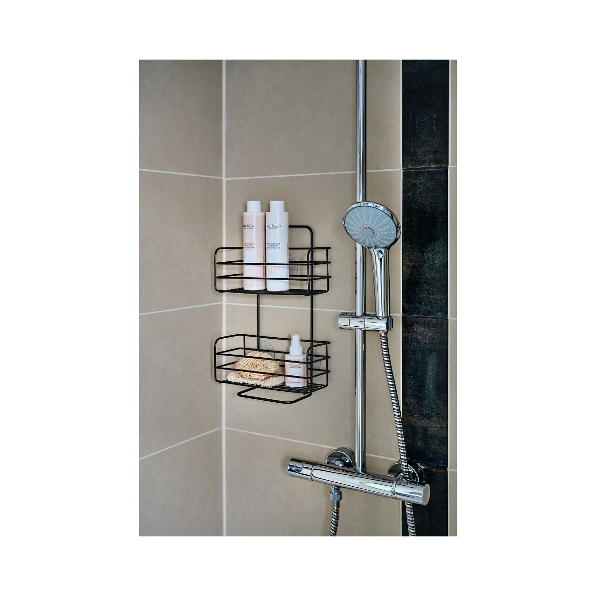 Suport de accesorii pentru baie/bucatarie cu ventuze, negru, din metal, 25 cm, Bathroom Rack Zeller