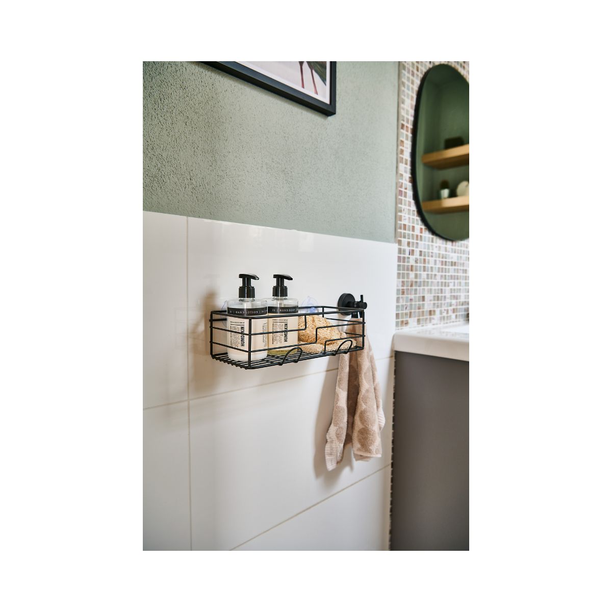 Suport de accesorii pentru baie/bucatarie cu ventuze, negru, din metal, 28 cm, Bathroom Rack Zeller