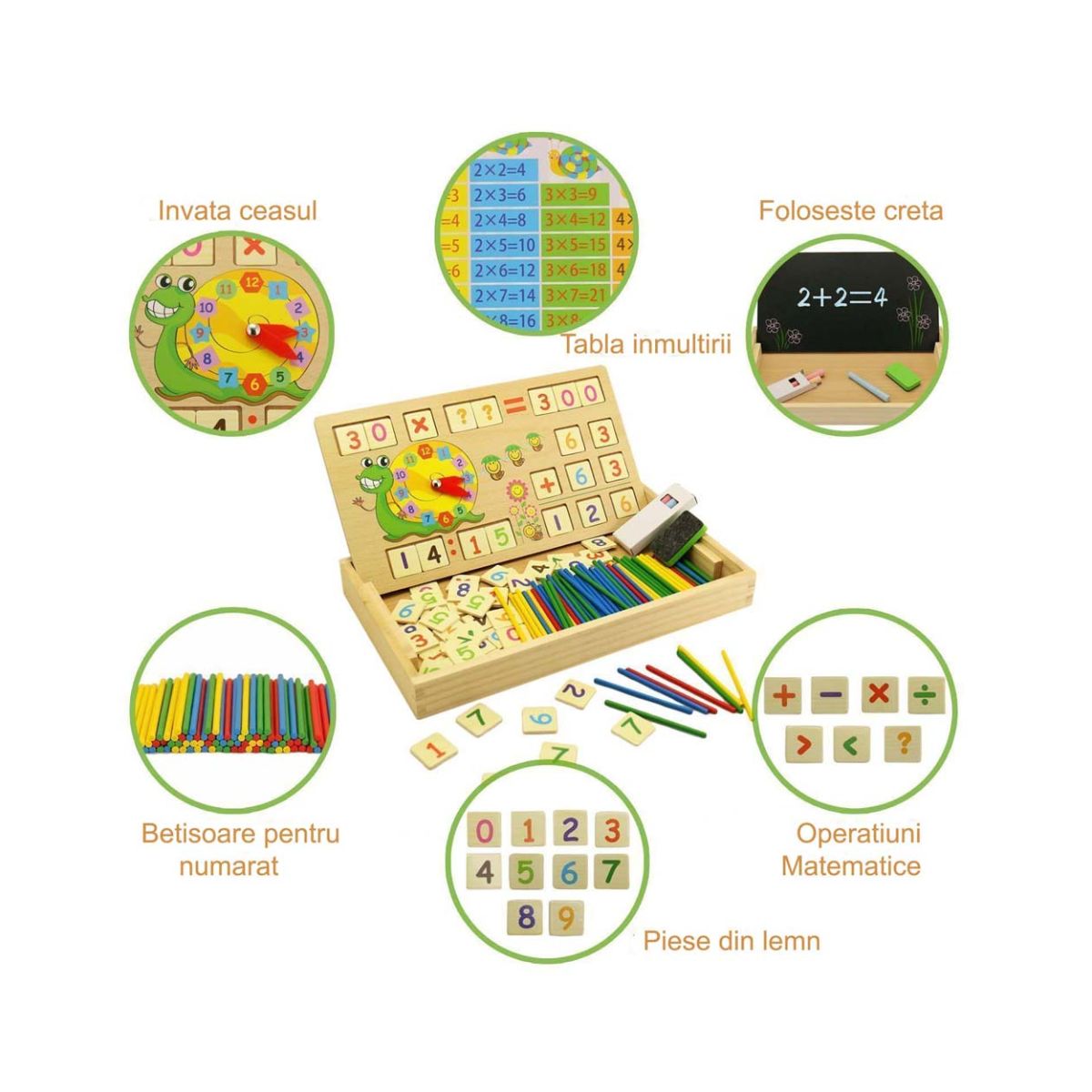 Tabla multifunctionala Montessori cu operatiuni matematice, ceas, betisoare si creta colorata, WD 4008