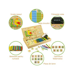 Tabla multifunctionala Montessori cu operatiuni matematice, ceas, betisoare si creta colorata, WD 4008
