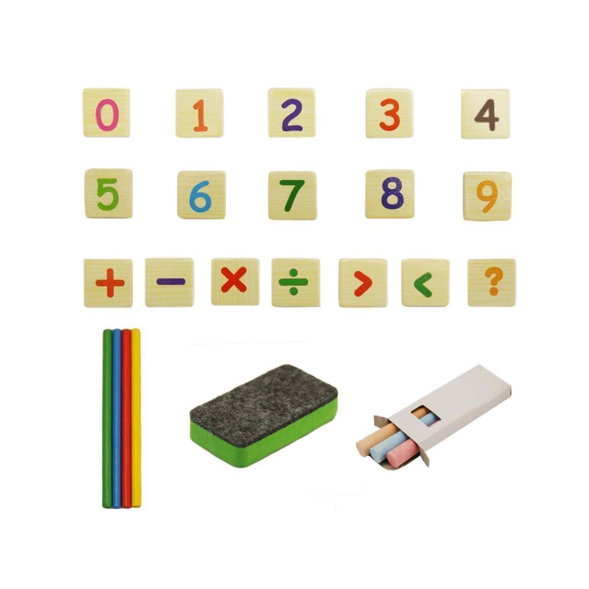 Tabla multifunctionala Montessori cu operatiuni matematice, ceas, betisoare si creta colorata, WD 4008