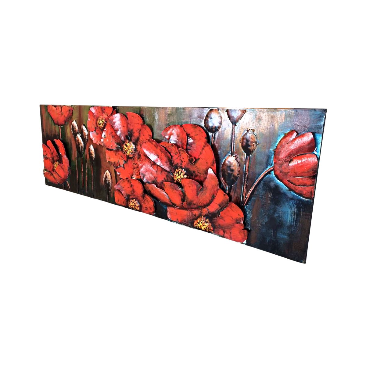 Tablou de metal 3D, model cu flori rosii, 50x150x6 cm, 2, hectarul.ro