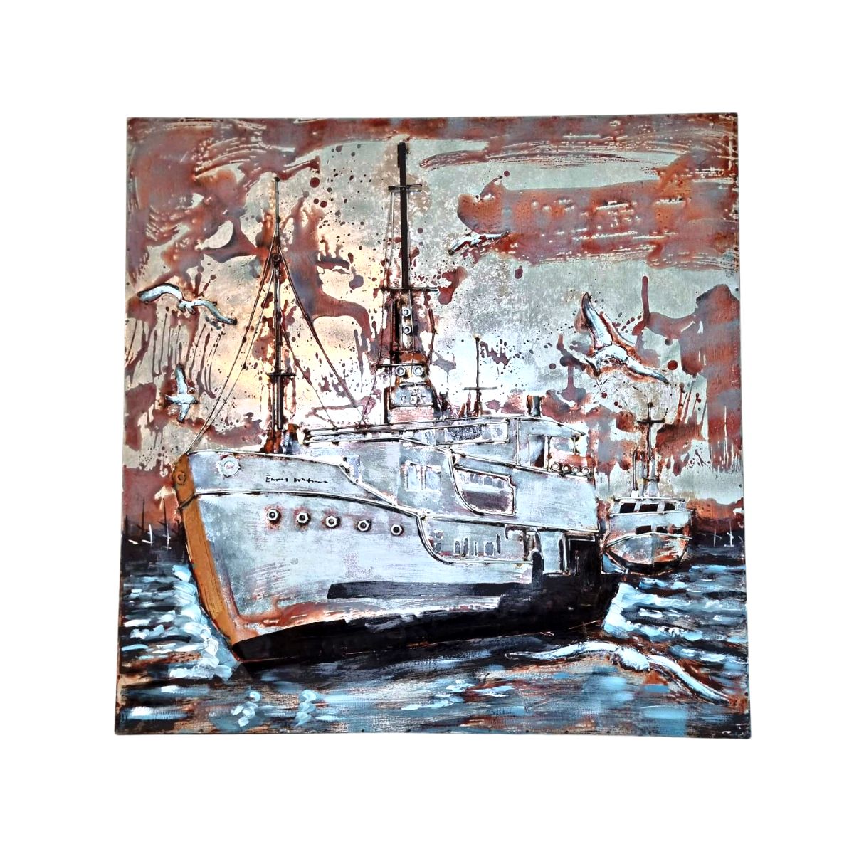 Tablou de metal 3D, vapor la pescuit, 100x100x7 cm, 3, hectarul.ro