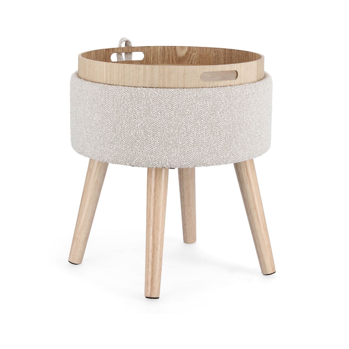 Taburet gri deschis din poliester boucle, MDF si lemn Ø39 cm Zoya Bizzotto