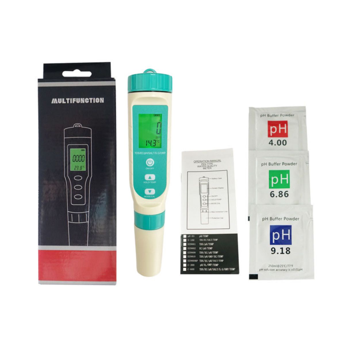 Tester de calitate a apei 7 in 1 PH/TDS/EC/ORP/S.G/Salinitate/Temperatura, 1, hectarul.ro