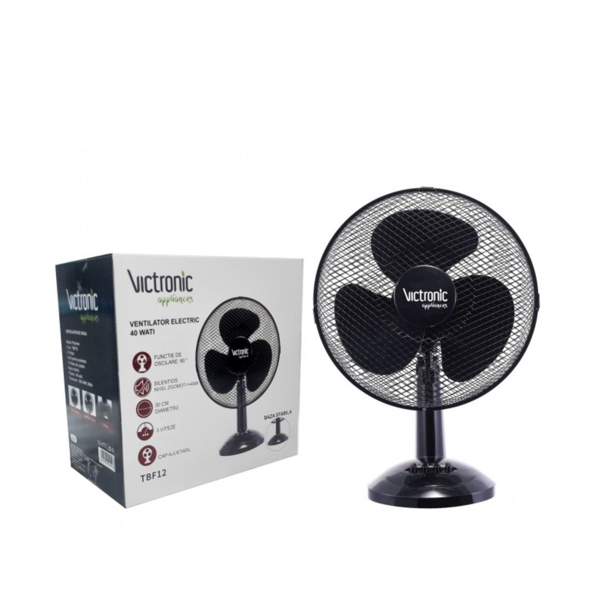 Ventilator pentru birou/masa, 30 cm diametru, 3 trepte de viteza, 40 W, Victronic TBF12 negru, 2, hectarul.ro